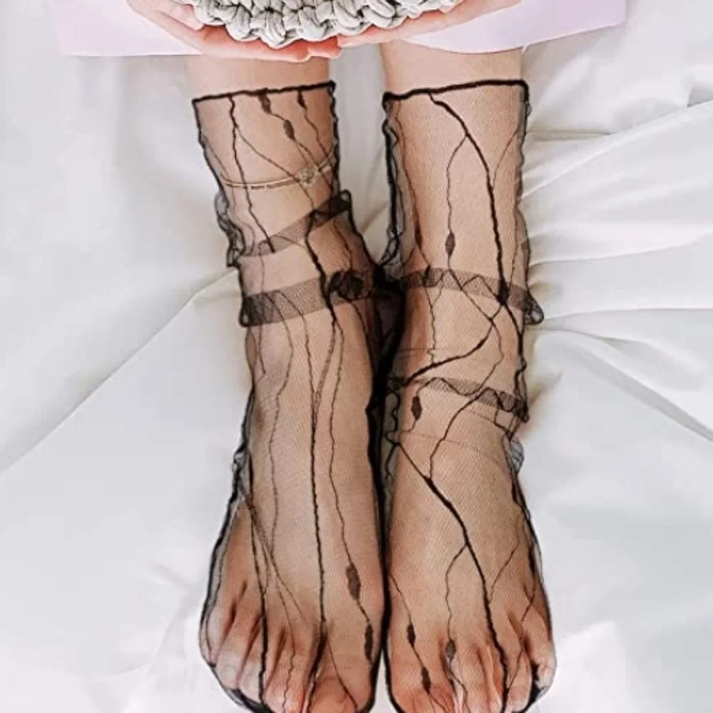 Black Wavy Lines Sheer Tulle Mesh Sexy Slouch Socks